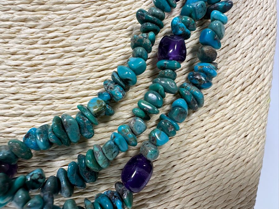 Multi-Strand Turquoise And Amethyst Necklace With Sterling Clasp [Photo 4]