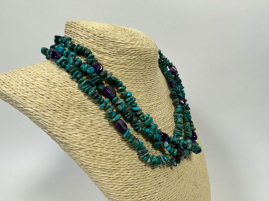 Multi-Strand Turquoise And Amethyst Necklace With Sterling Clasp [Photo 7]