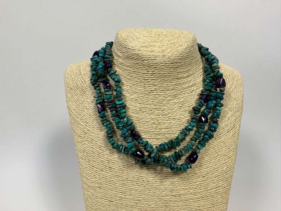 Multi-Strand Turquoise And Amethyst Necklace With Sterling Clasp [Photo 3]