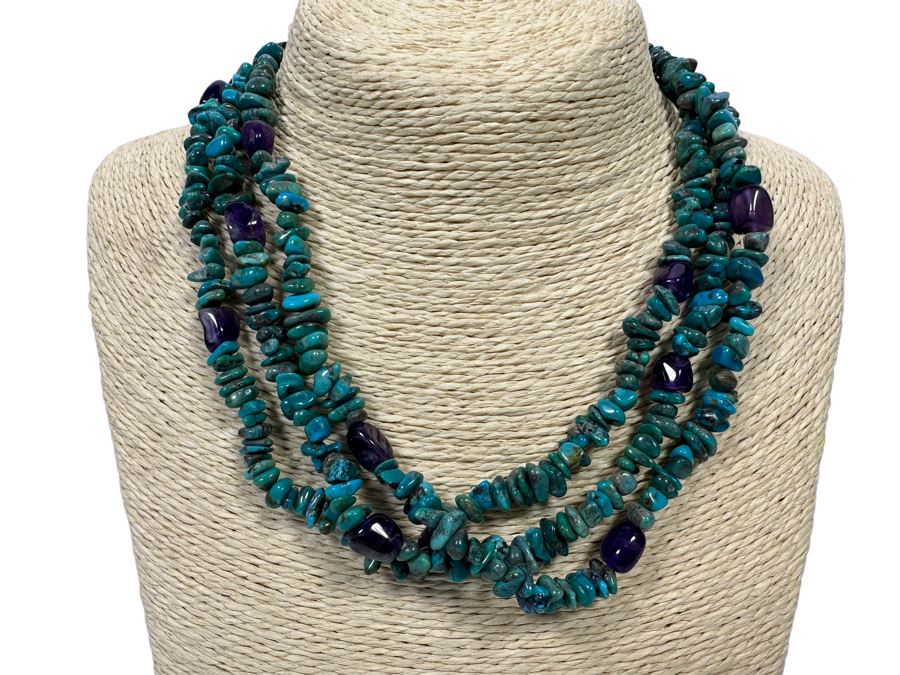 Multi-Strand Turquoise And Amethyst Necklace With Sterling Clasp [Photo 1]
