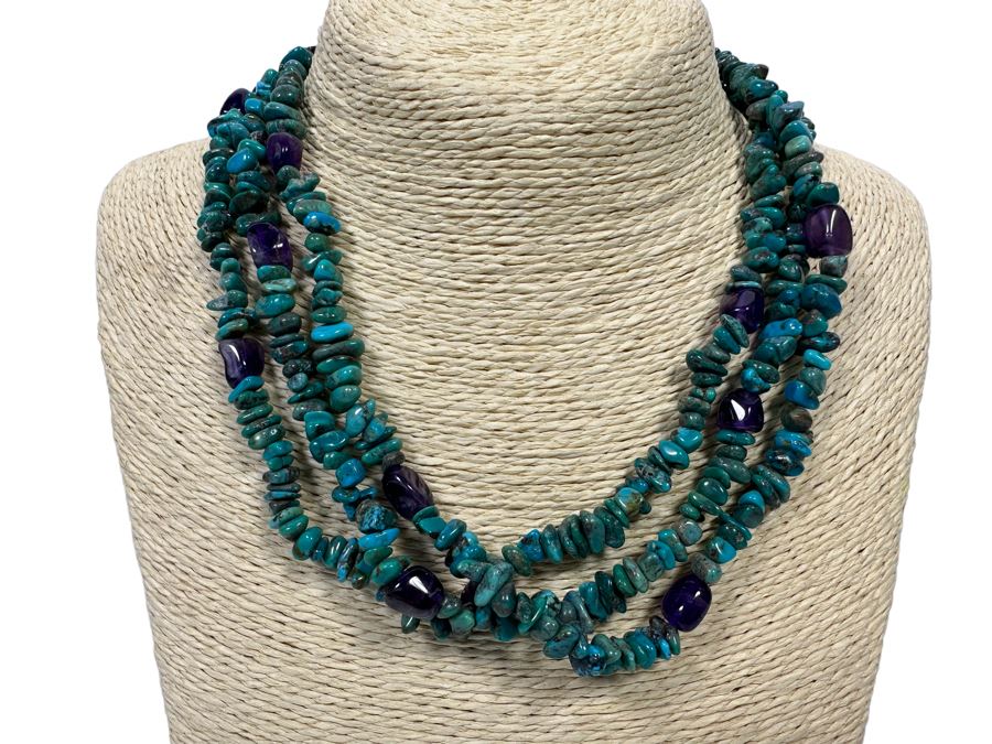 Multi-Strand Turquoise And Amethyst Necklace With Sterling Clasp
