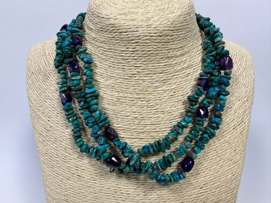 Multi-Strand Turquoise And Amethyst Necklace With Sterling Clasp [Photo 2]