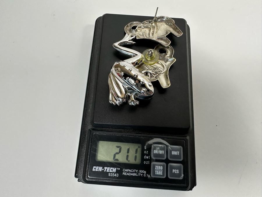 Sterling Silver Frog Pin Brooch With Sterling Silver Elephant Earrings 21.1g [Photo 9]