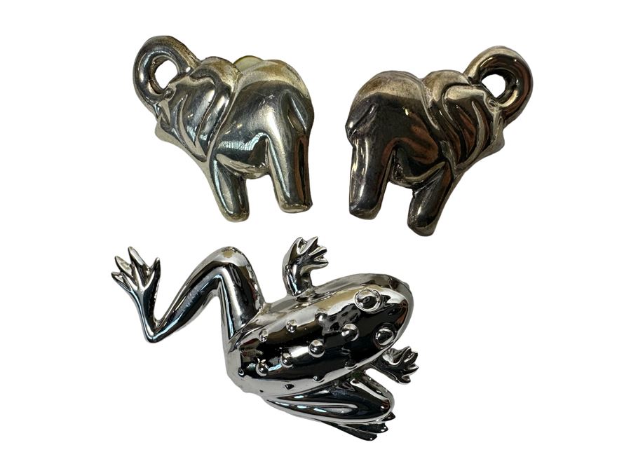 Sterling Silver Frog Pin Brooch With Sterling Silver Elephant Earrings 21.1g