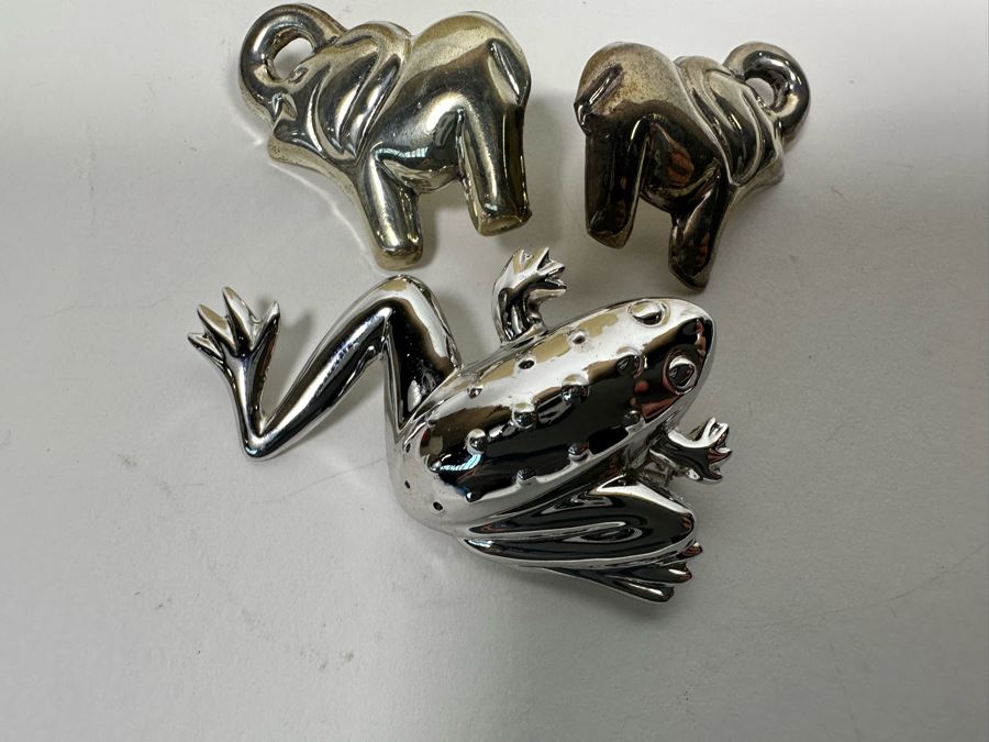 Sterling Silver Frog Pin Brooch With Sterling Silver Elephant Earrings 21.1g [Photo 5]