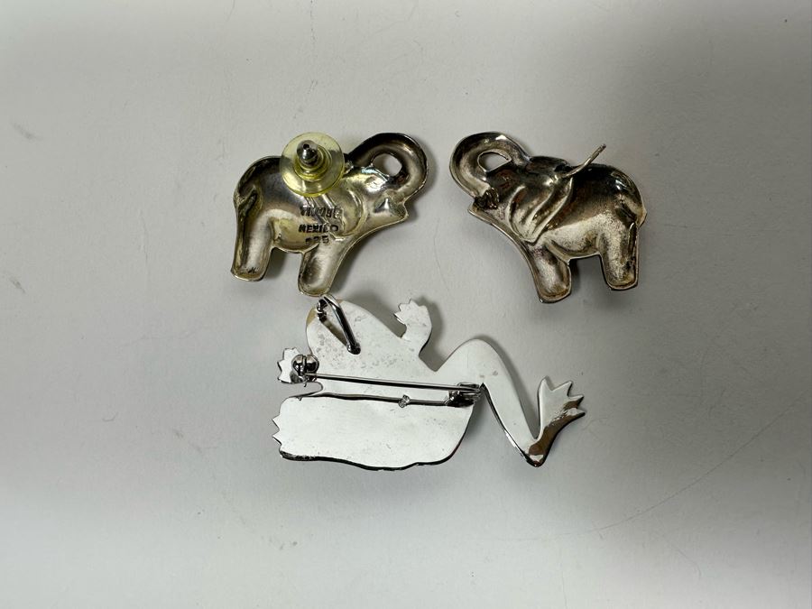 Sterling Silver Frog Pin Brooch With Sterling Silver Elephant Earrings 21.1g [Photo 6]