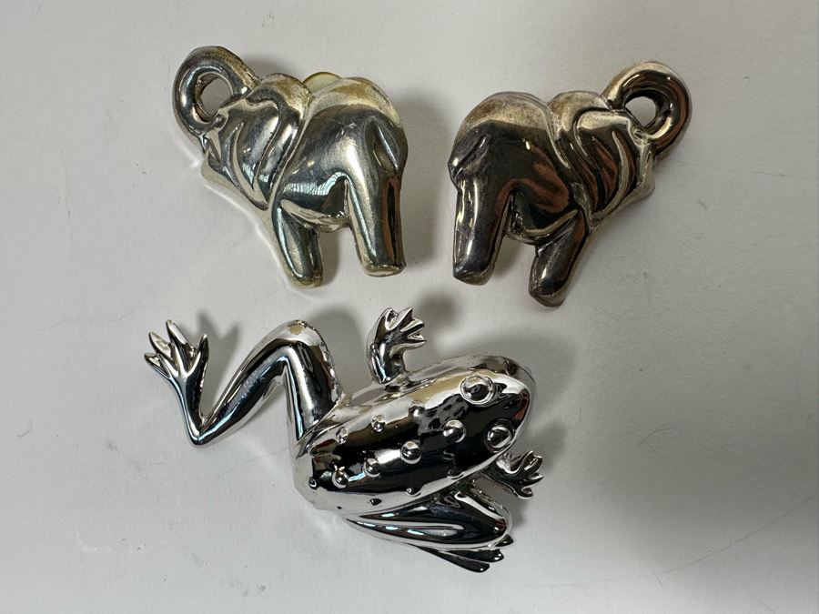 Sterling Silver Frog Pin Brooch With Sterling Silver Elephant Earrings 21.1g [Photo 2]