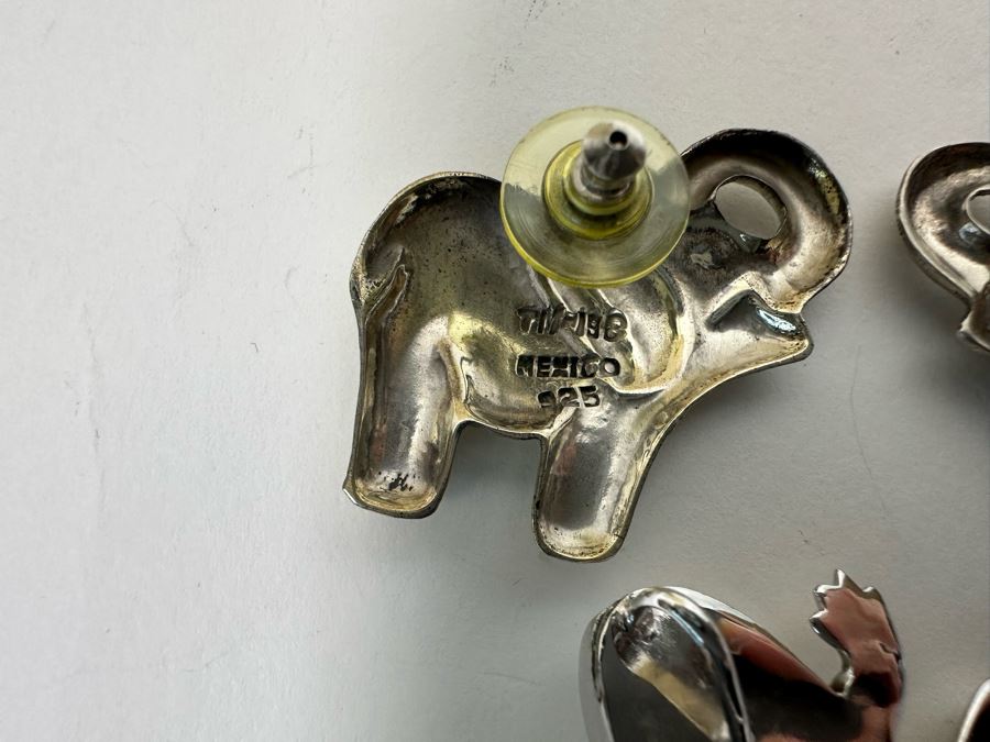 Sterling Silver Frog Pin Brooch With Sterling Silver Elephant Earrings 21.1g [Photo 7]