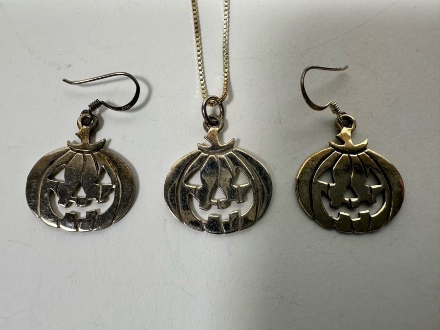 Sterling Silver Jack-O'-Lantern Pendant With Sterling 18' Chain Necklace And Matching Pair Of Sterling Earrings 11.8g [Photo 6]