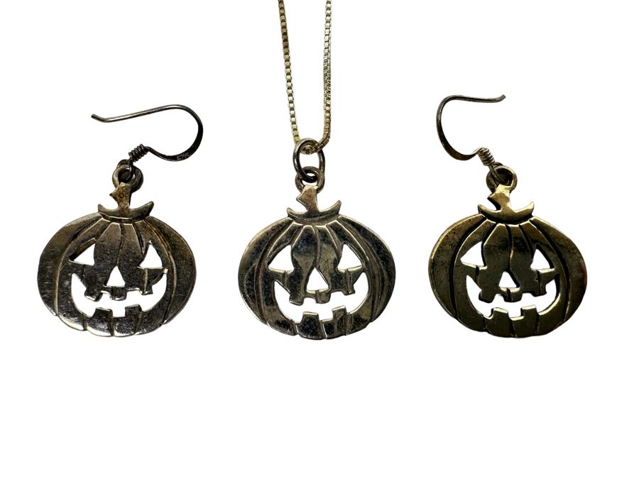 Sterling Silver Jack-O'-Lantern Pendant With Sterling 18' Chain Necklace And Matching Pair Of Sterling Earrings 11.8g [Photo 5]