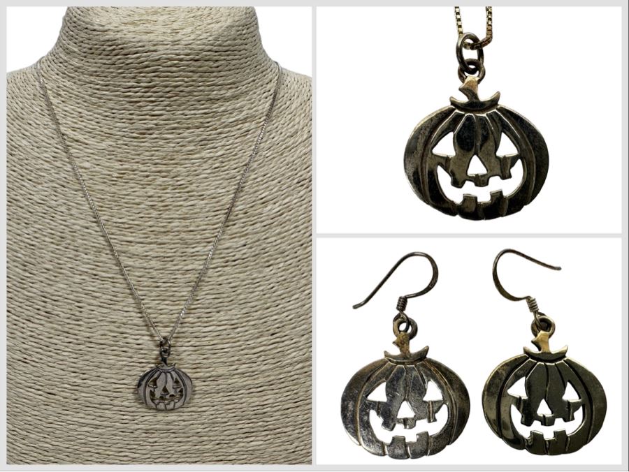 Sterling Silver Jack-O'-Lantern Pendant With Sterling 18' Chain Necklace And Matching Pair Of Sterling Earrings 11.8g