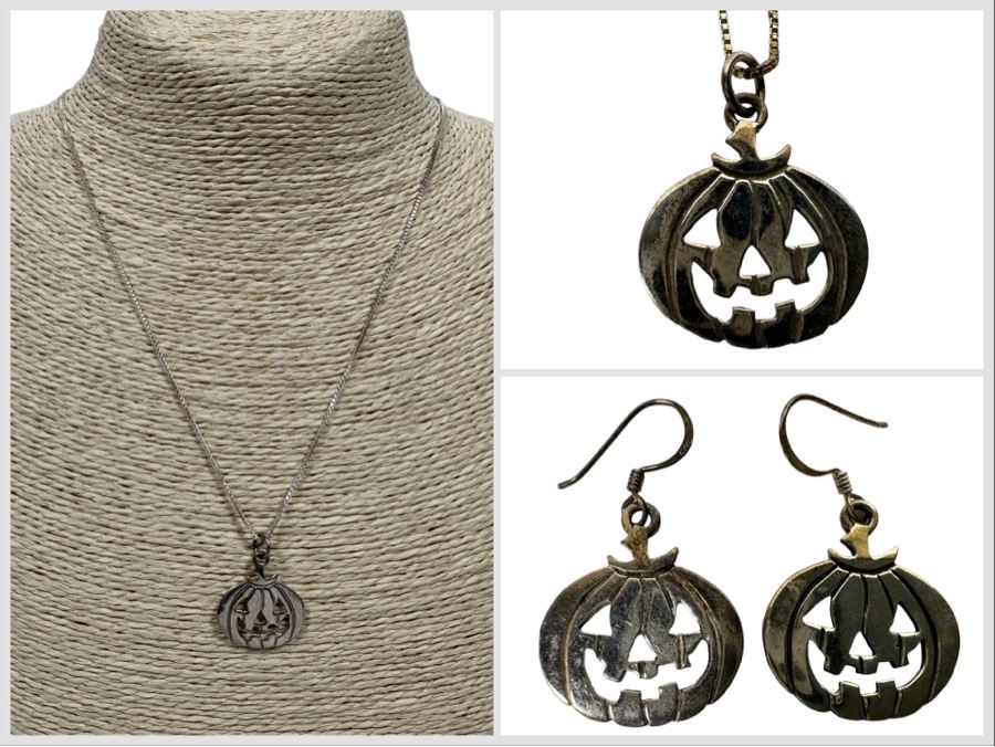 Sterling Silver Jack-O'-Lantern Pendant With Sterling 18' Chain Necklace And Matching Pair Of Sterling Earrings 11.8g [Photo 1]