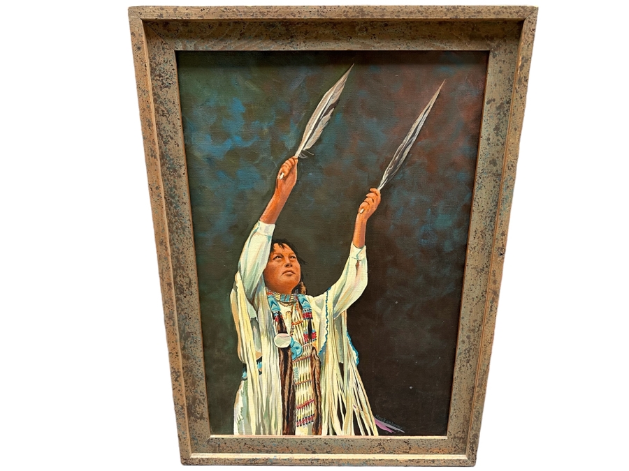 Original Native American Painting On Canvas Signed By Hockenberry 20 X 30 Framed 24.5 X 34.5