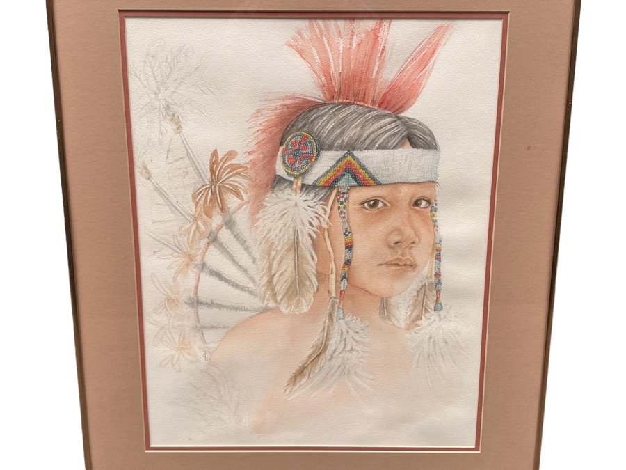 Original Watercolor Painting Of Native American Boy Signed DB 16 X 20.5 Framed 22 X 26 [Photo 1]