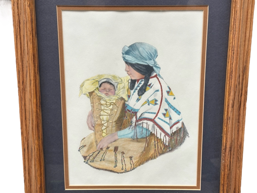 Original Drawing On Paper Of Native American Woman Holding Her Baby Signed DB  9 X 12 Framed 15 X 19 [Photo 1]