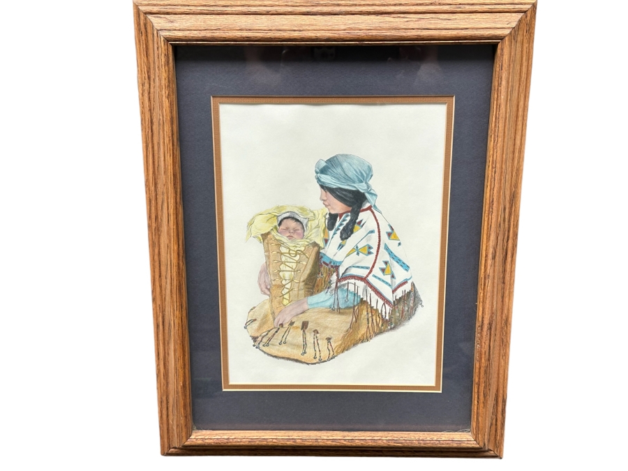 Original Drawing On Paper Of Native American Woman Holding Her Baby Signed DB  9 X 12 Framed 15 X 19 [Photo 2]