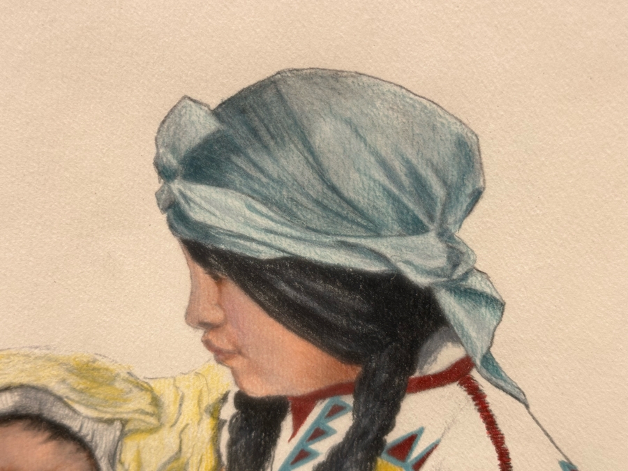 Original Drawing On Paper Of Native American Woman Holding Her Baby Signed DB  9 X 12 Framed 15 X 19 [Photo 5]