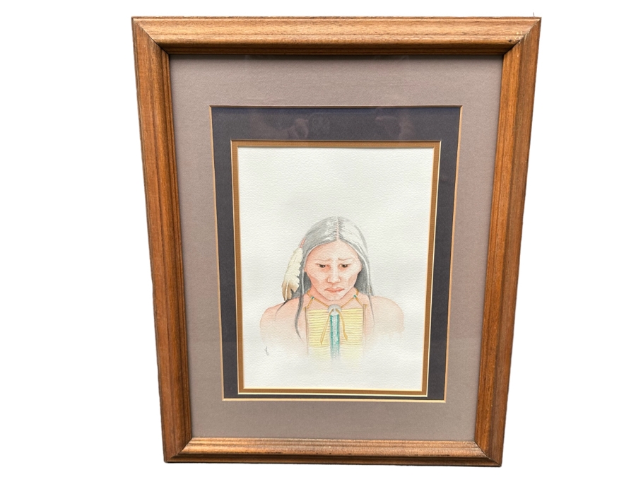 Original Watercolor Painting On Paper Of Native American Woman Signed DB 9 X 12 Framed 16.5 X 21 [Photo 2]