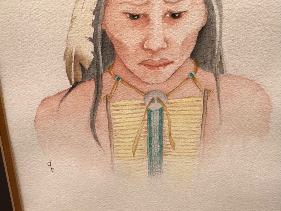 Original Watercolor Painting On Paper Of Native American Woman Signed DB 9 X 12 Framed 16.5 X 21 [Photo 5]
