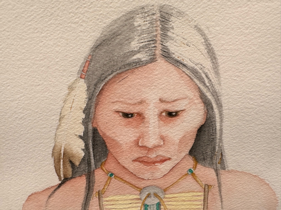 Original Watercolor Painting On Paper Of Native American Woman Signed DB 9 X 12 Framed 16.5 X 21 [Photo 4]