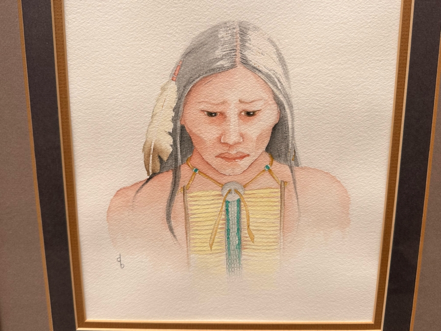 Original Watercolor Painting On Paper Of Native American Woman Signed DB 9 X 12 Framed 16.5 X 21 [Photo 3]