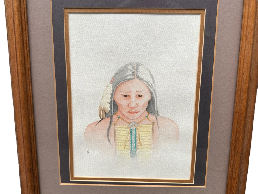 Original Watercolor Painting On Paper Of Native American Woman Signed DB 9 X 12 Framed 16.5 X 21
