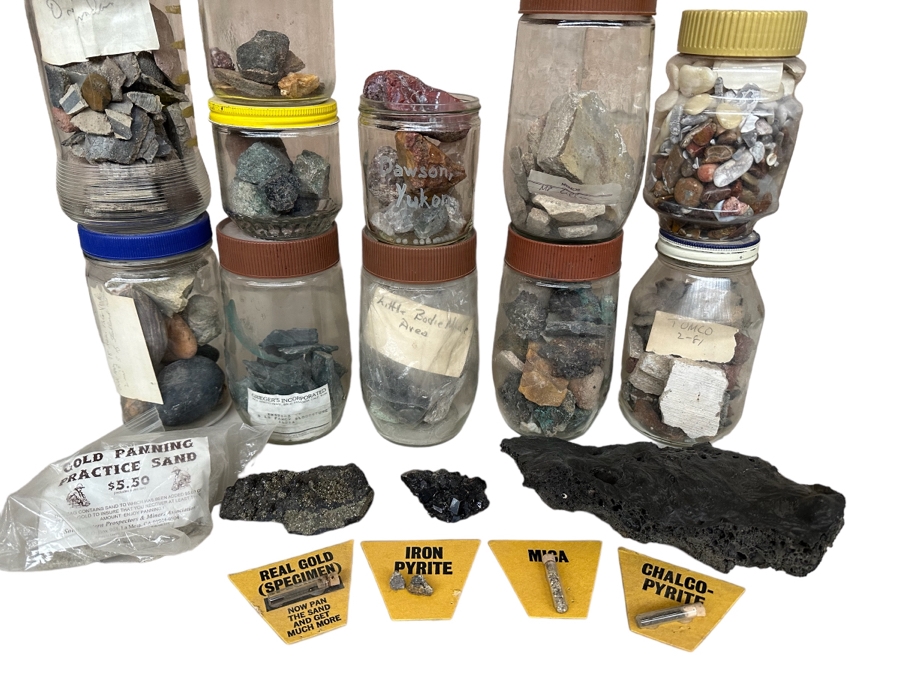Collection Of Mined Minerals, Rocks, Tumbled Stones And Gold Flakes From Various Mines And Sites Including Dawson City Yukon, Tumco Gold Mine & Little Bodie Mine - See Photos