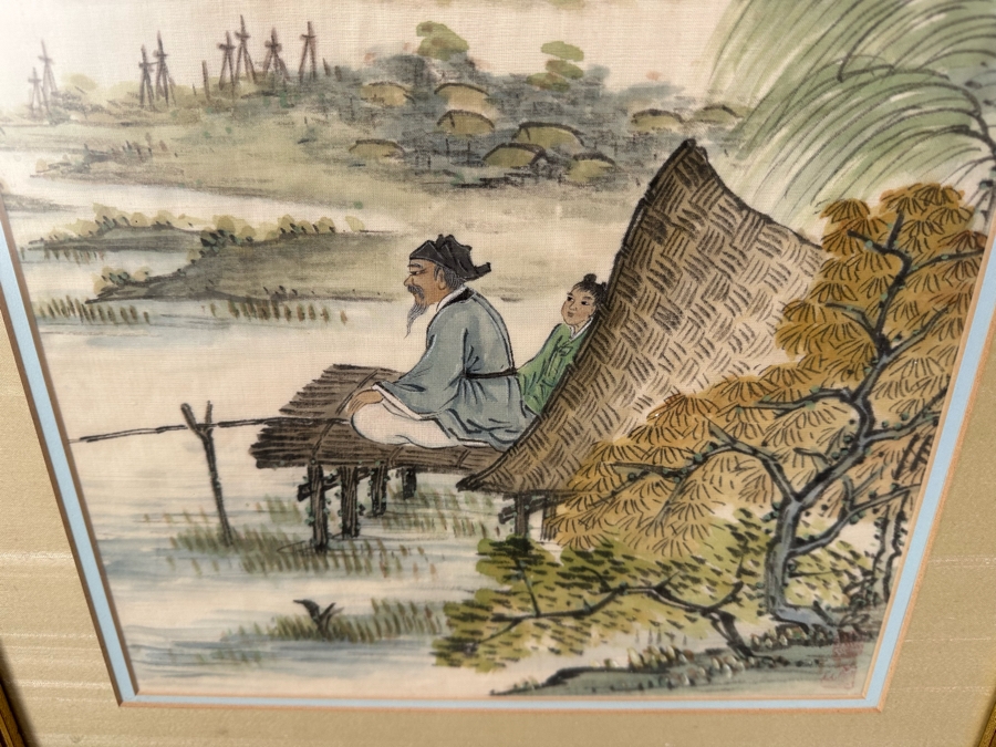 Pair Of Signed Original Chinese Silk Landscape Paintings 12 X 27 Framed 18 X 36 [Photo 3]