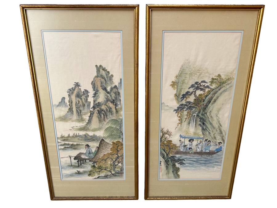 Pair Of Signed Original Chinese Silk Landscape Paintings 12 X 27 Framed 18 X 36