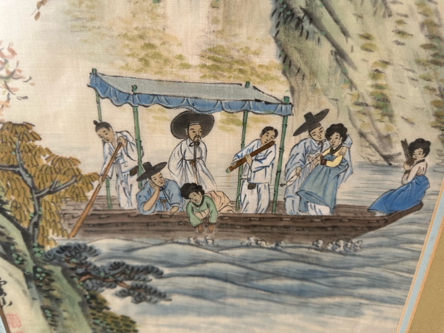 Pair Of Signed Original Chinese Silk Landscape Paintings 12 X 27 Framed 18 X 36 [Photo 7]