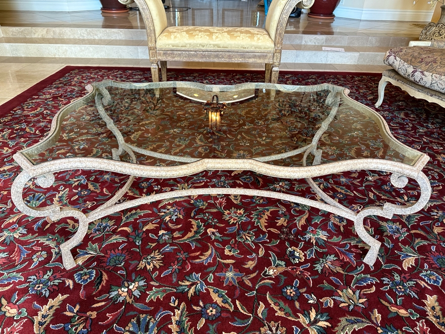 Impressive Carved Stone Base Coffee Table With Glass Top 54W X 36D X 20H [Photo 4]