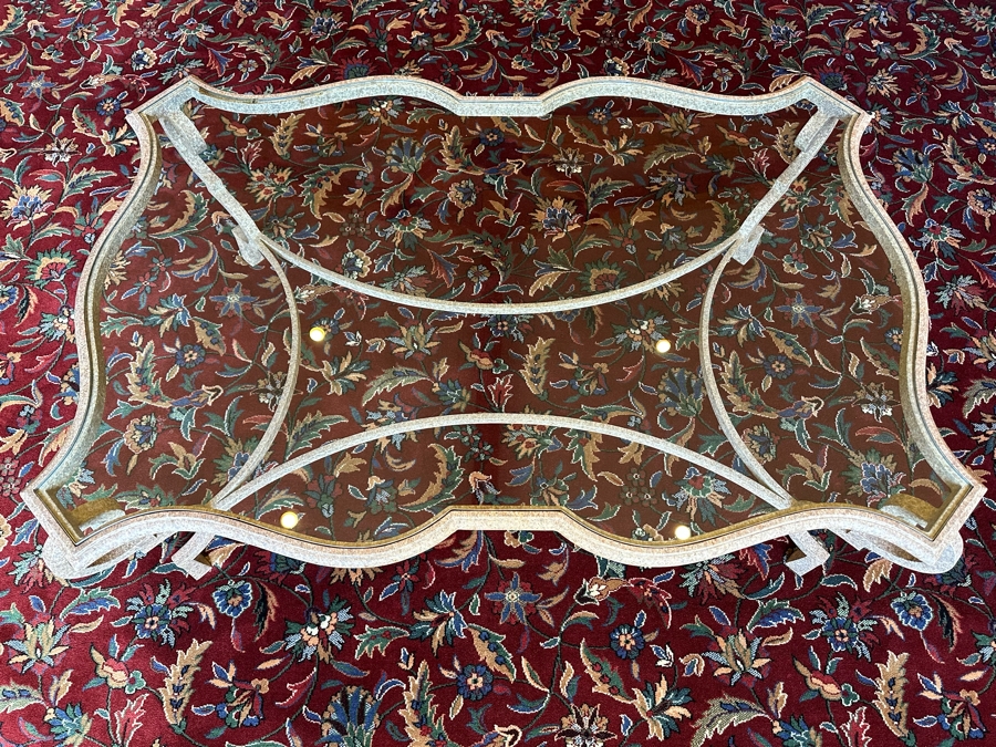 Impressive Carved Stone Base Coffee Table With Glass Top 54W X 36D X 20H [Photo 3]