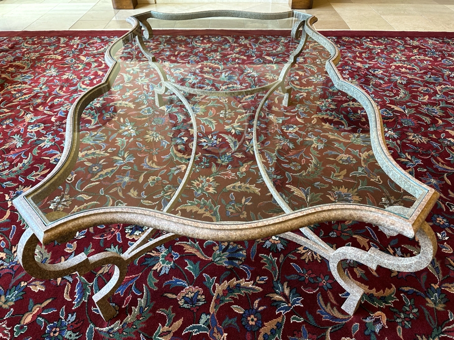 Impressive Carved Stone Base Coffee Table With Glass Top 54W X 36D X 20H [Photo 5]