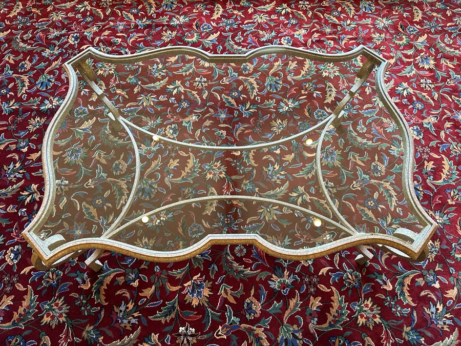 Impressive Carved Stone Base Coffee Table With Glass Top 54W X 36D X 20H [Photo 2]