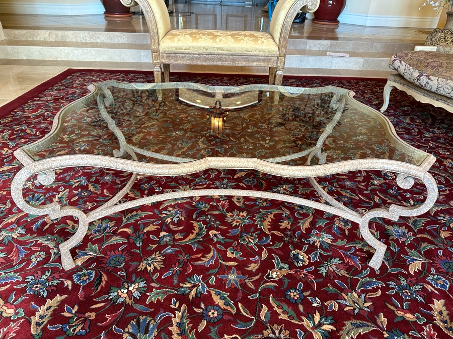 Impressive Carved Stone Base Coffee Table With Glass Top 54W X 36D X 20H