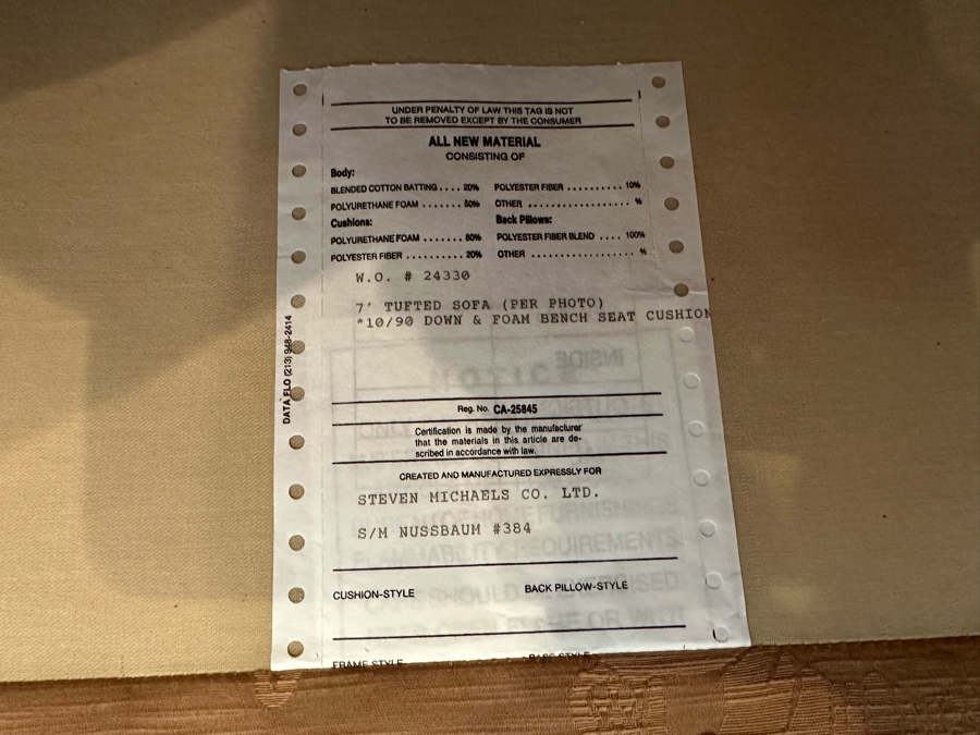 Custom Upholstered Tufted Sofa 86W X 36D X 34H [Photo 3]