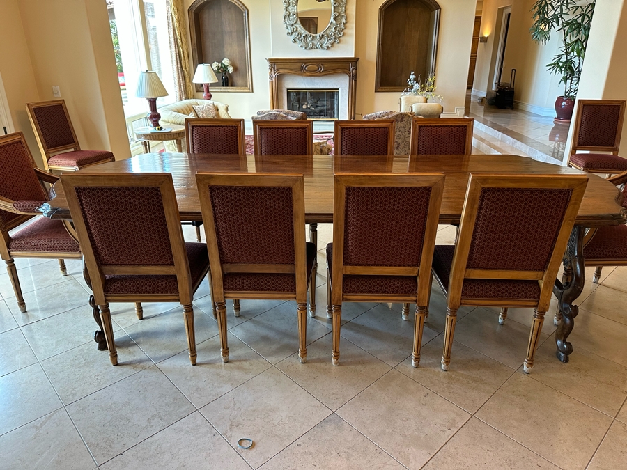 Grand Solid Wood Plank Top Dining Table 10'L X 49'W X 30.5'H With A Set Of Twelve Elegant Dining Chairs [Photo 2]