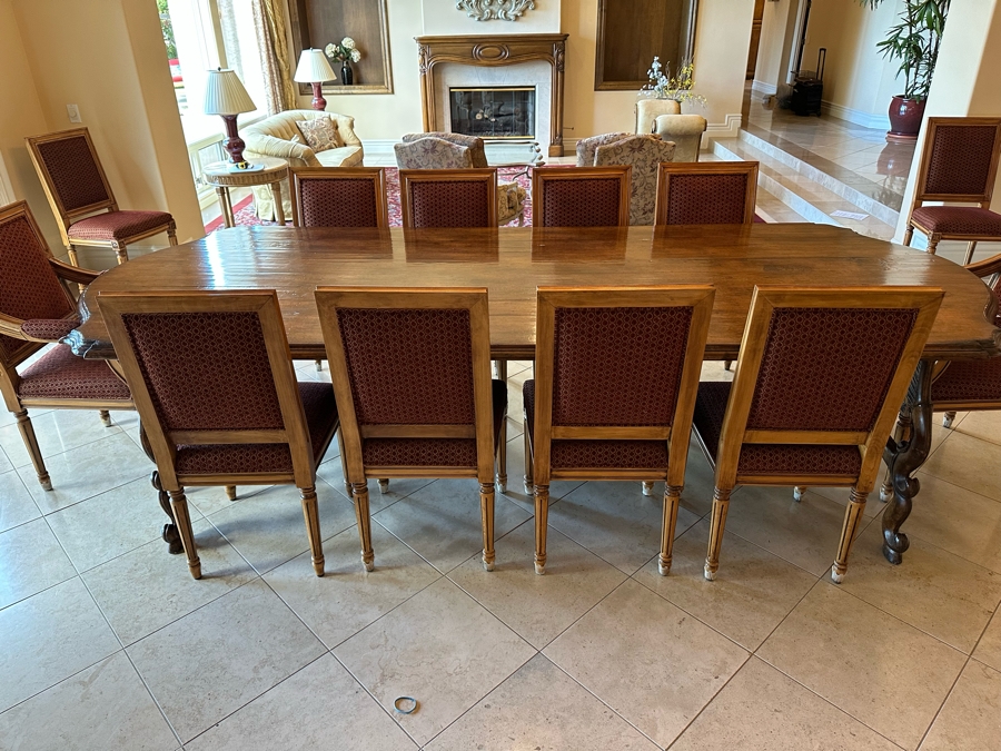 Grand Solid Wood Plank Top Dining Table 10'L X 49'W X 30.5'H With A Set Of Twelve Elegant Dining Chairs [Photo 3]