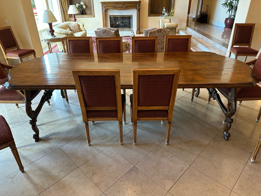 Grand Solid Wood Plank Top Dining Table 10'L X 49'W X 30.5'H With A Set Of Twelve Elegant Dining Chairs [Photo 4]