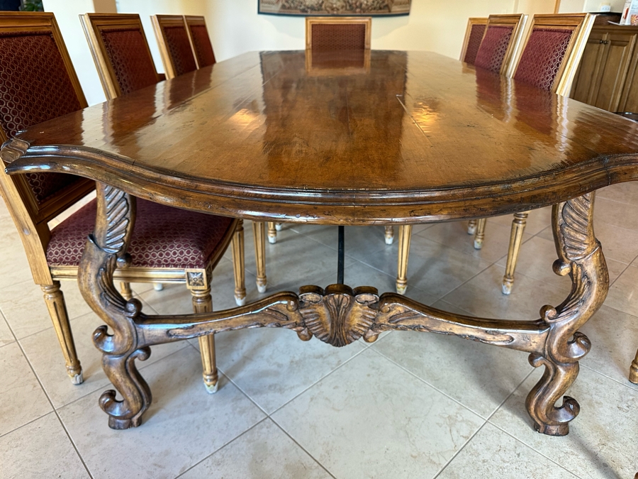 Grand Solid Wood Plank Top Dining Table 10'L X 49'W X 30.5'H With A Set Of Twelve Elegant Dining Chairs [Photo 6]