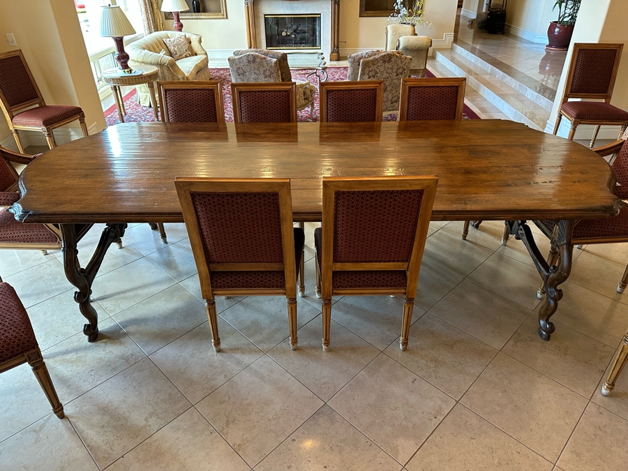 Grand Solid Wood Plank Top Dining Table 10'L X 49'W X 30.5'H With A Set Of Twelve Elegant Dining Chairs [Photo 5]