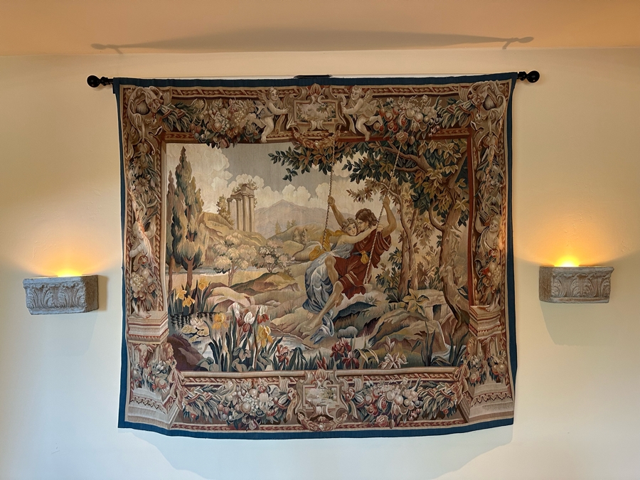 Impressive French Tapestry Wall Hanging With Metal Display Rod 85W X 73H [Photo 2]