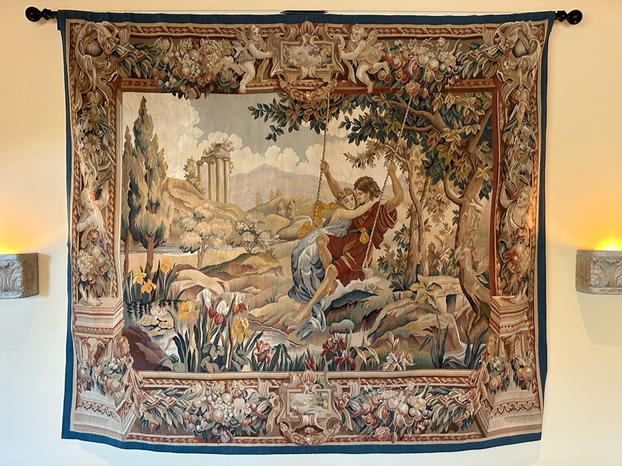 Impressive French Tapestry Wall Hanging With Metal Display Rod 85W X 73H