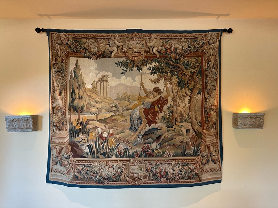 Impressive French Tapestry Wall Hanging With Metal Display Rod 85W X 73H [Photo 3]