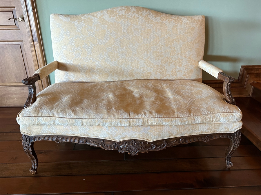 Antique Intricately Carved Sofa Settee (One Back Leg Has Been Repaired) 53W X 33D X 38H [Photo 1]