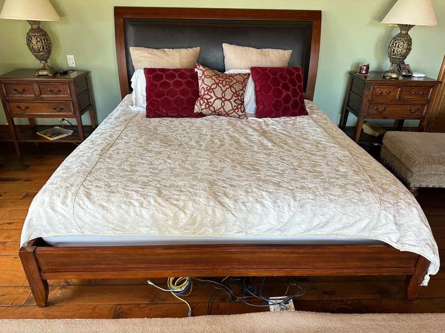 Pottery Barn Wooden Eastern King Bed With Leather Headboard (Mattress And Bedding Not Included) 80W X 91D X 55H [Photo 1]