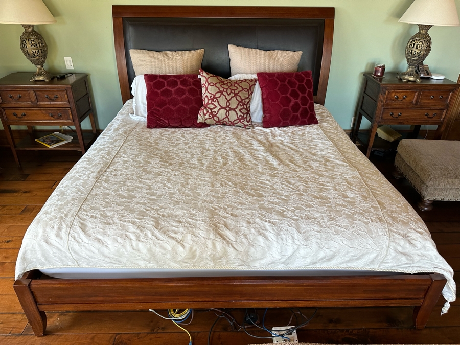 Pottery Barn Wooden Eastern King Bed With Leather Headboard (Mattress And Bedding Not Included) 80W X 91D X 55H [Photo 3]