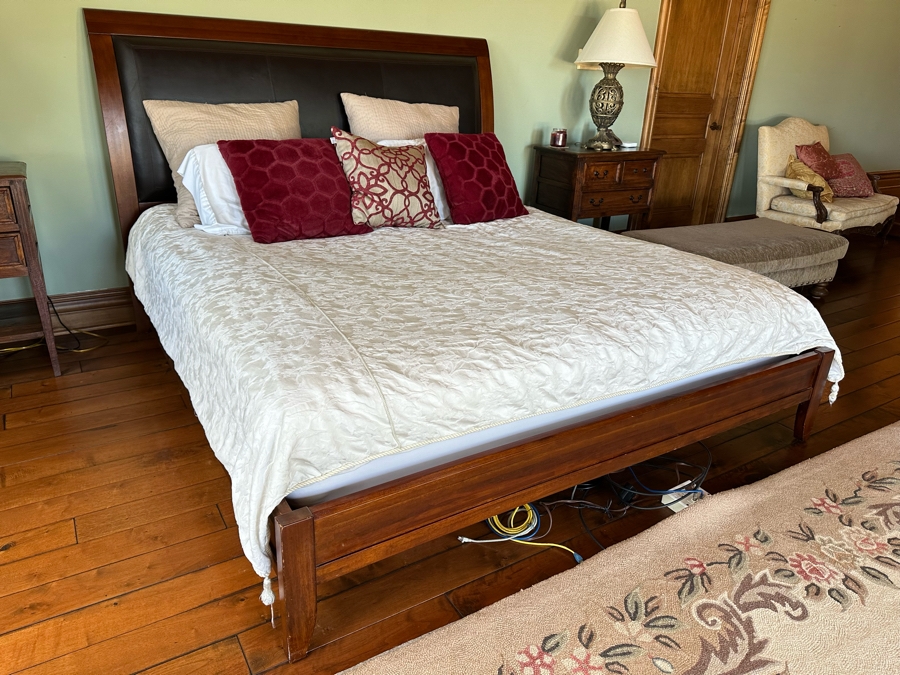Pottery Barn Wooden Eastern King Bed With Leather Headboard (Mattress And Bedding Not Included) 80W X 91D X 55H [Photo 4]
