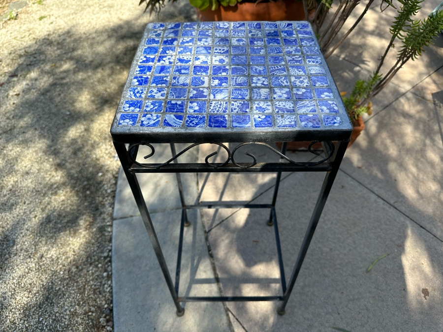 Tile Top Plant Stand Side Table With Metal Base 11.5W X 26H [Photo 2]