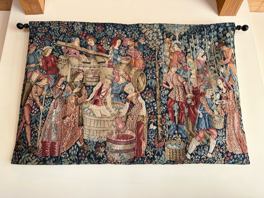 Impressive French Tapestry Grape Harvest Les Tissages D’Art De Lys Tapisseries Tissees Jacquard “Les Vendanges” 53” X 82” [Photo 3]